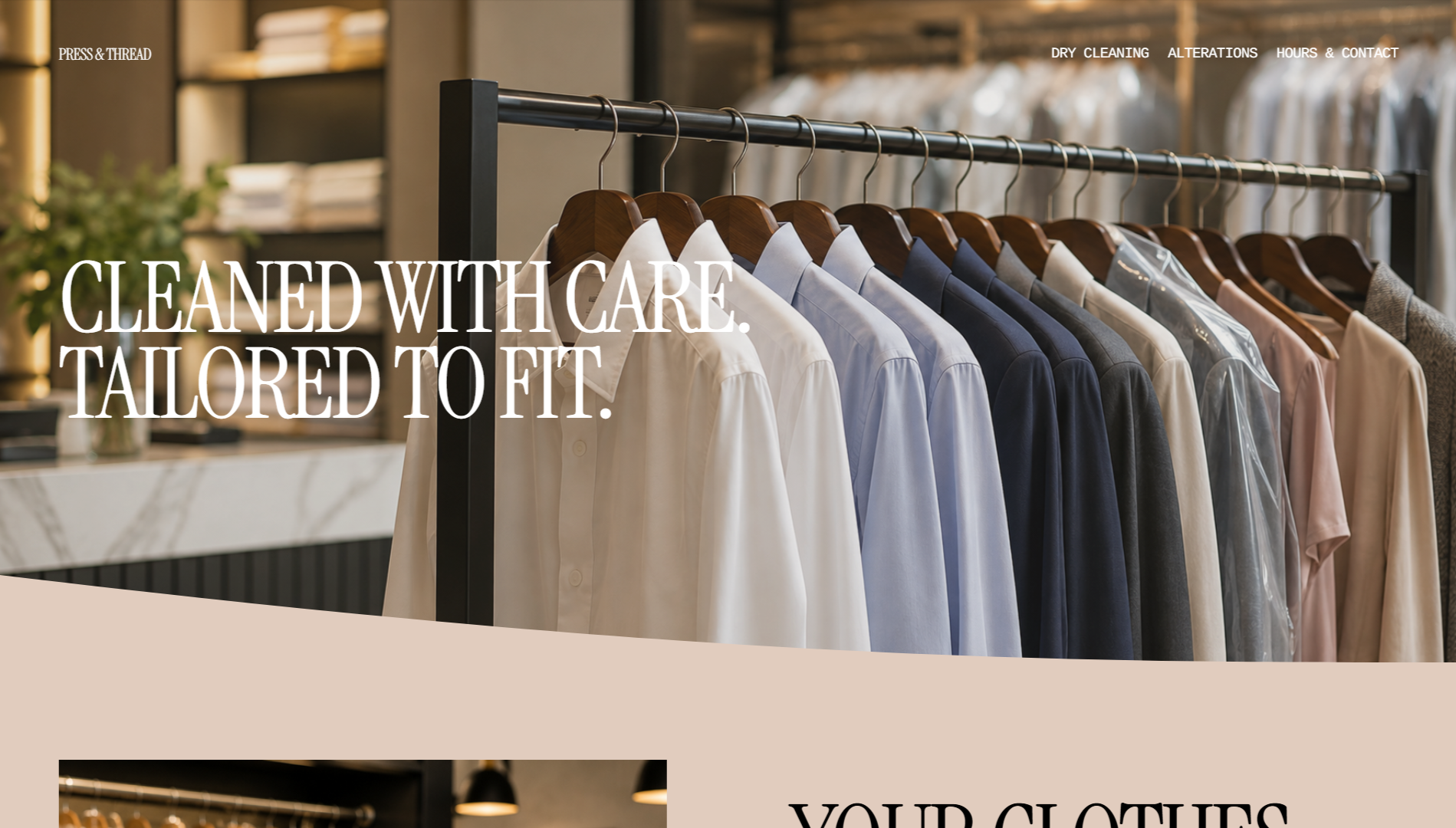 Press & Thread website section featuring freshly pressed shirts and professional dry cleaning care.