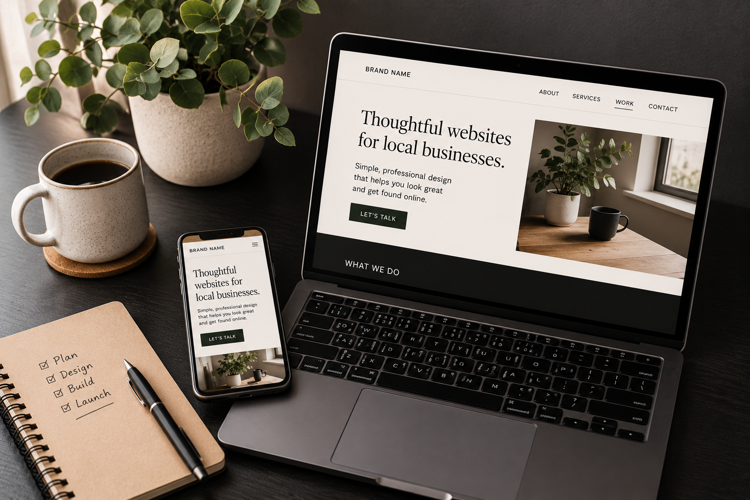 Laptop and smartphone displaying a responsive small business website in a modern workspace.