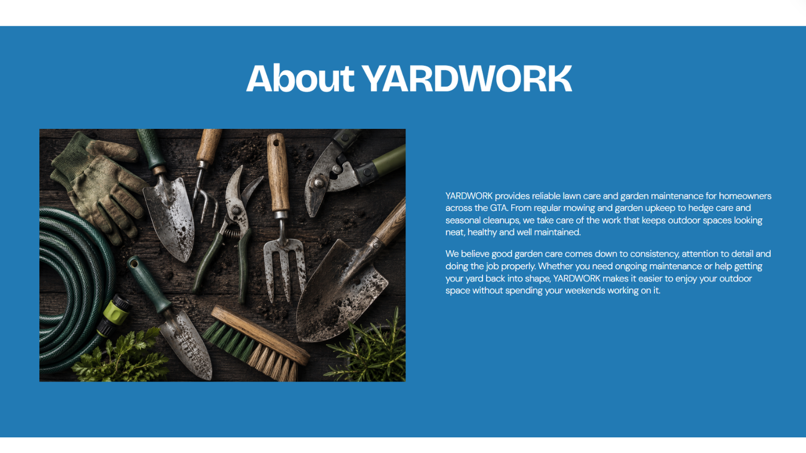 YARDWORK about section featuring professional lawn and garden maintenance tools.