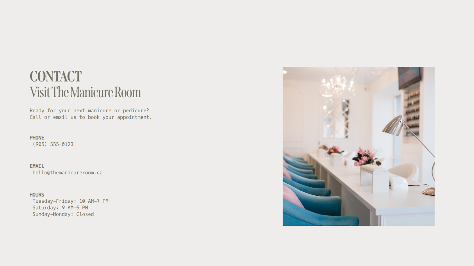 The Manicure Room contact section featuring salon details and a bright, modern manicure space.