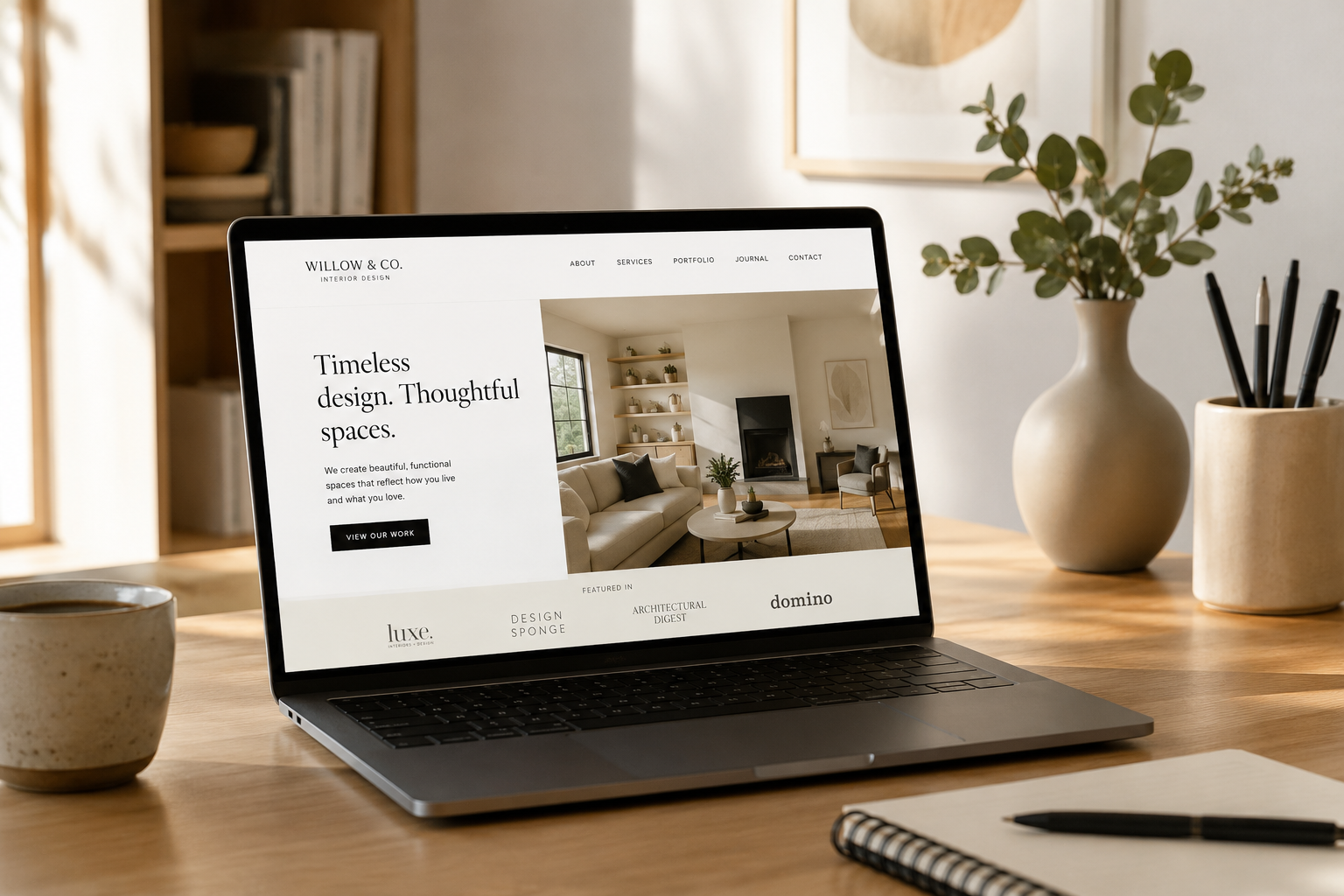 Laptop displaying a custom small business website on a warm, modern workspace.
