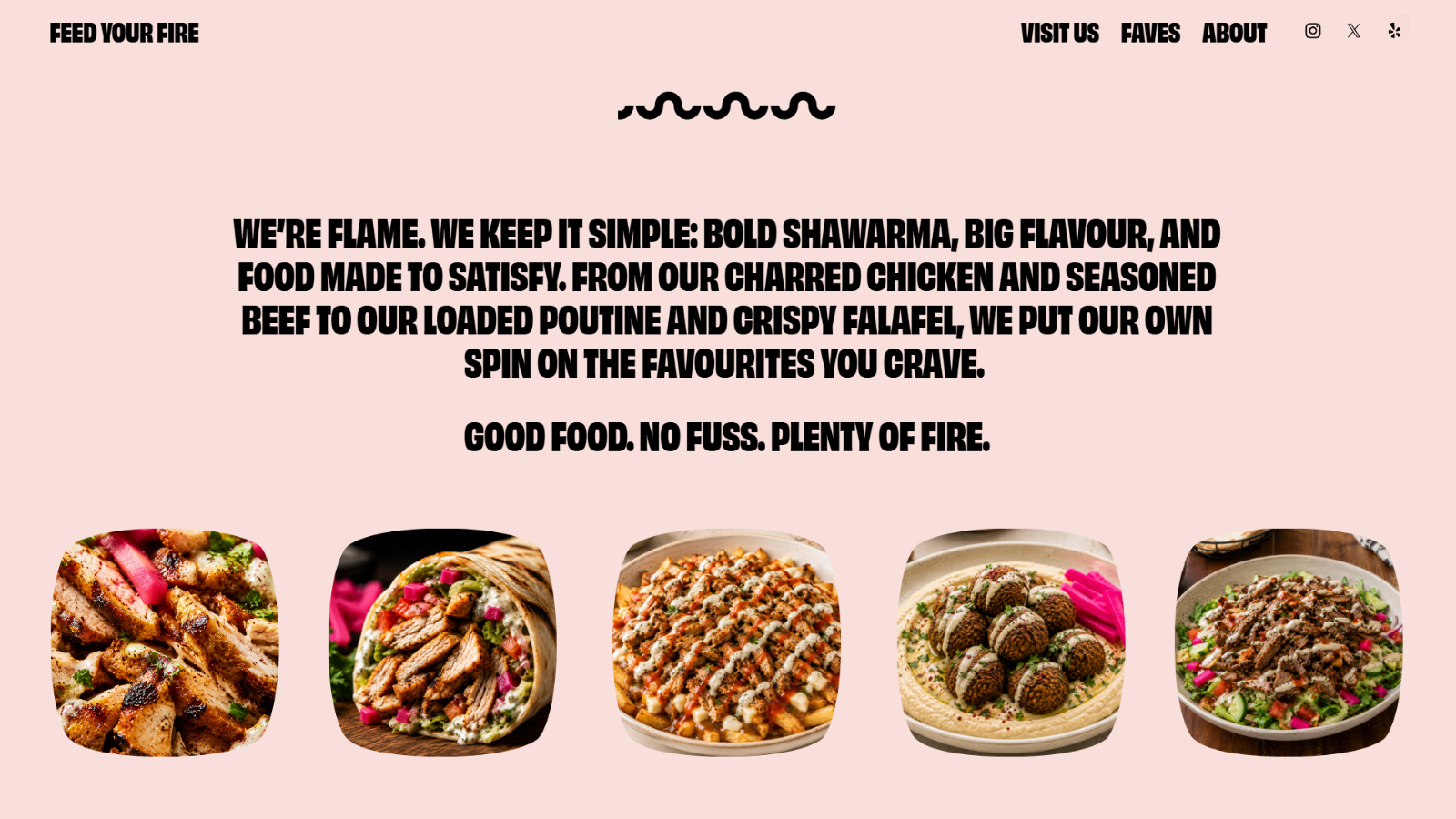 FLAME about section featuring a selection of shawarma, falafel, salads and other signature dishes.