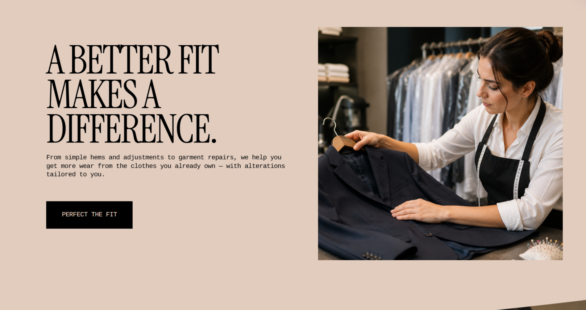Press & Thread alterations section featuring a tailor fitting and adjusting a suit.