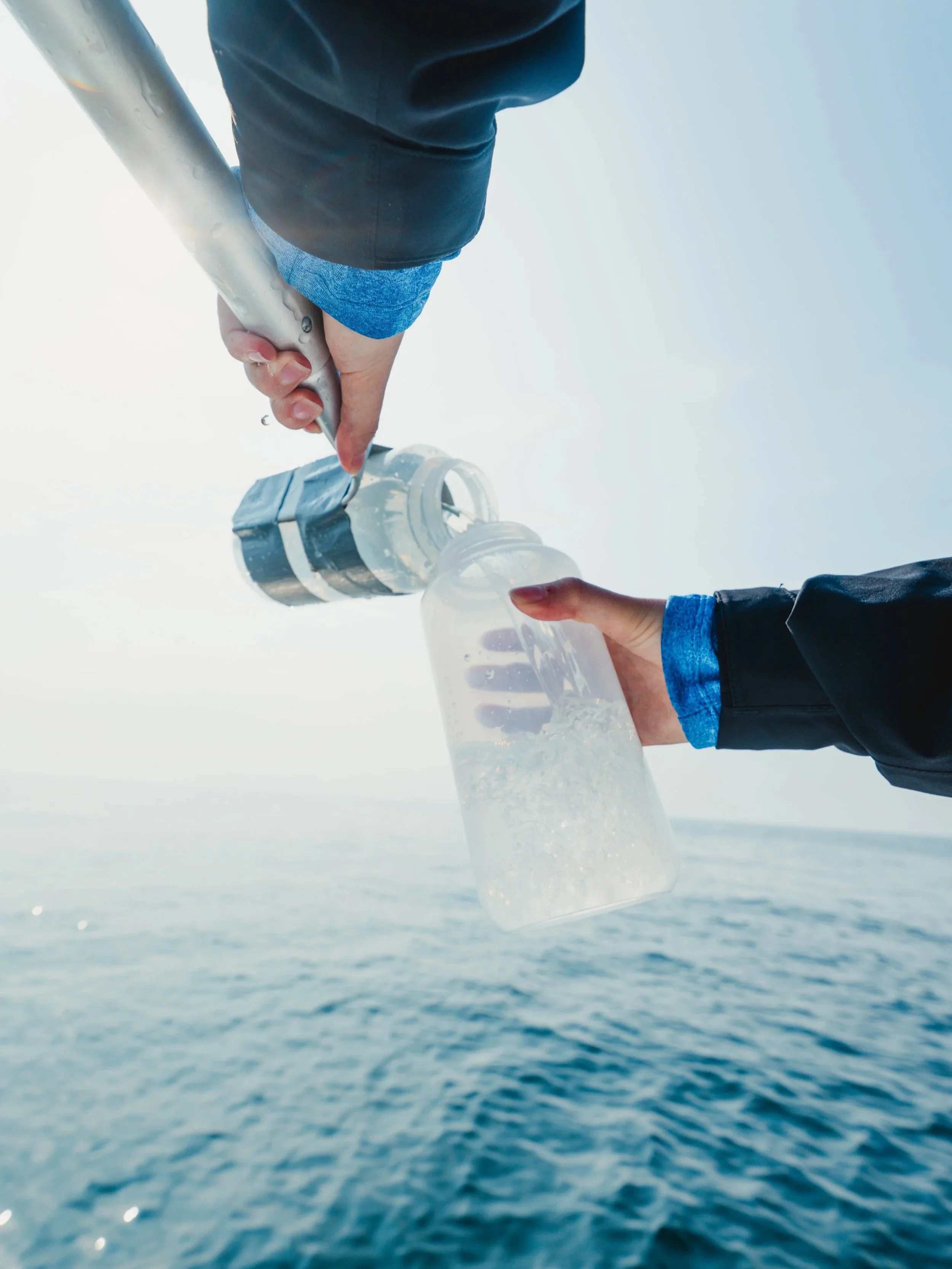 Collecting a water sample for environmental DNA processing (eDNA).