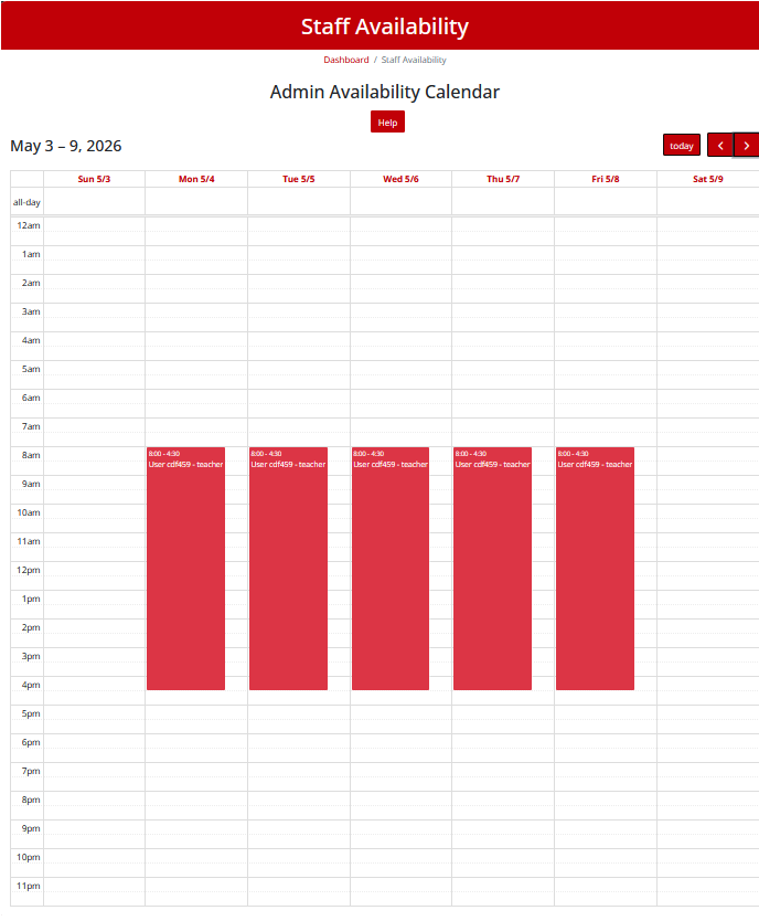 Staff calendar admin view, to allow edits and changes to scheduling as necessary