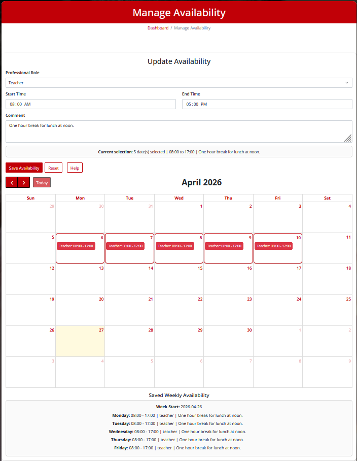 Calendar component of staff calendar app, designed using Bootstrap