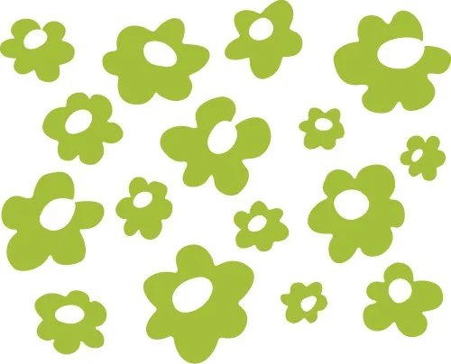 Green cartoon flowers of various sizes on a white background.