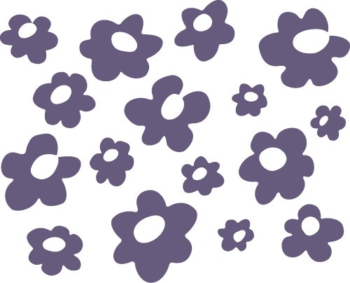 Multiple purple floral shapes with rounded petals on a white background.