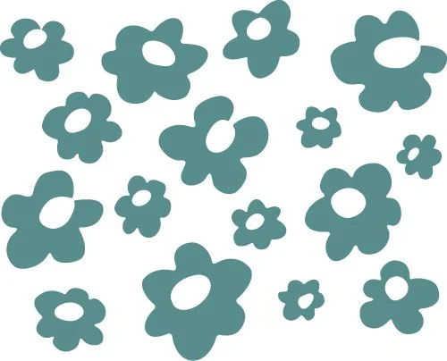 Several stylized, cartoon-like flowers of various sizes in a teal color on a white background.