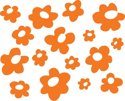 Collection of orange and pink stylized flowers on a white background.