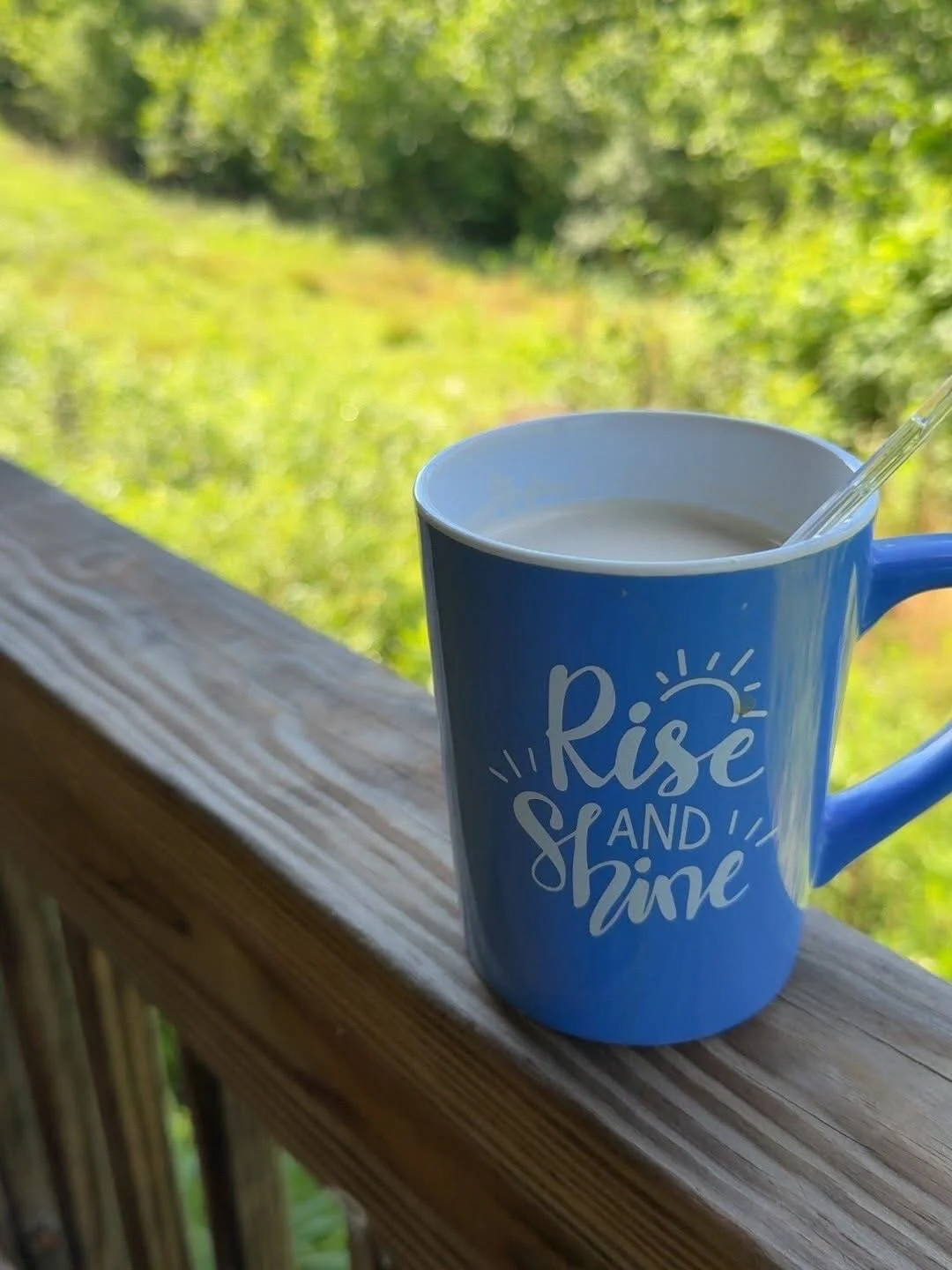 Blue mug with white text that says 'Rise and Shine' on a wooden railing, with a background of green trees and grass.
