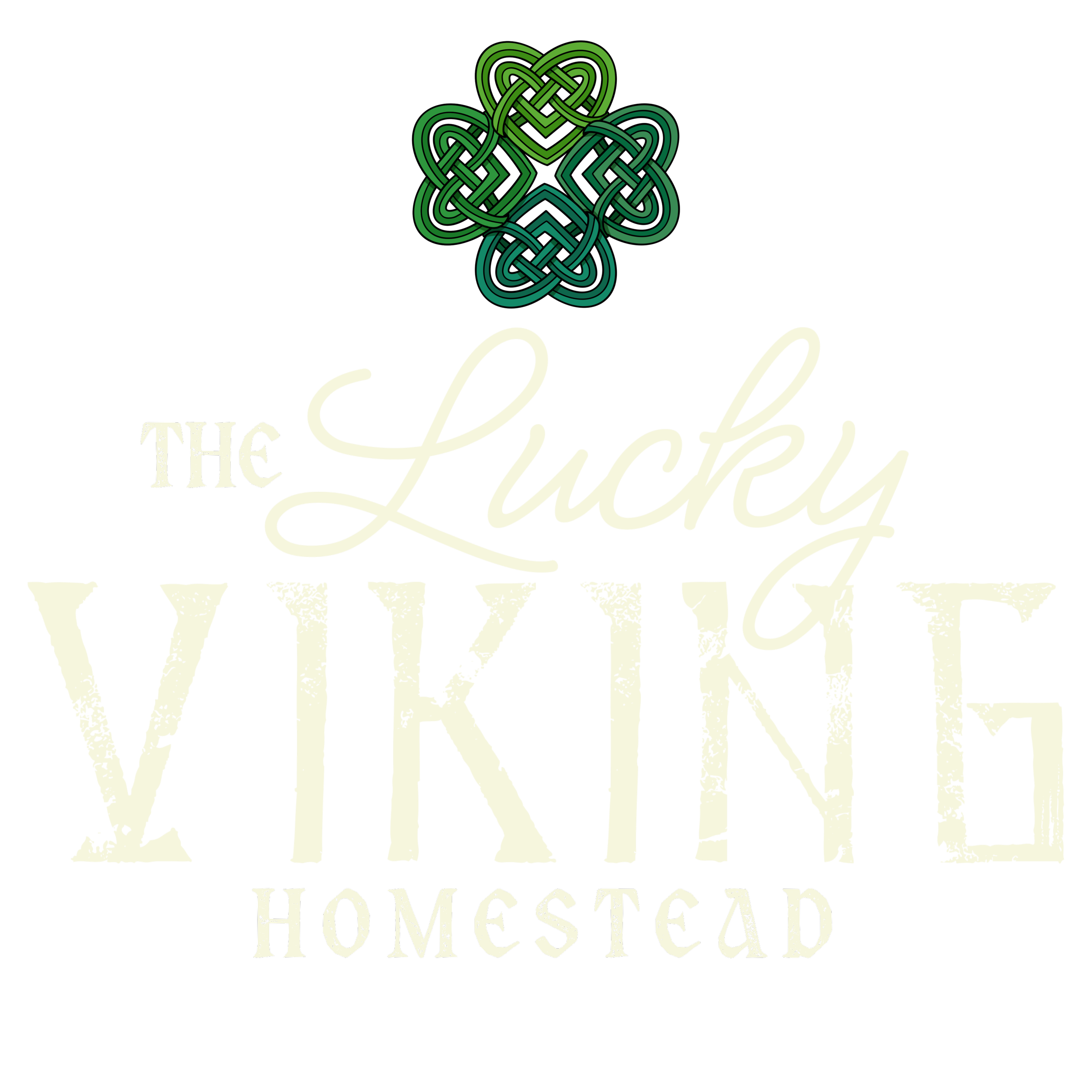 Stylized logo with complex knot design in green and blue above the phrase "The Lucky Homestead" in vintage-style font on black background.