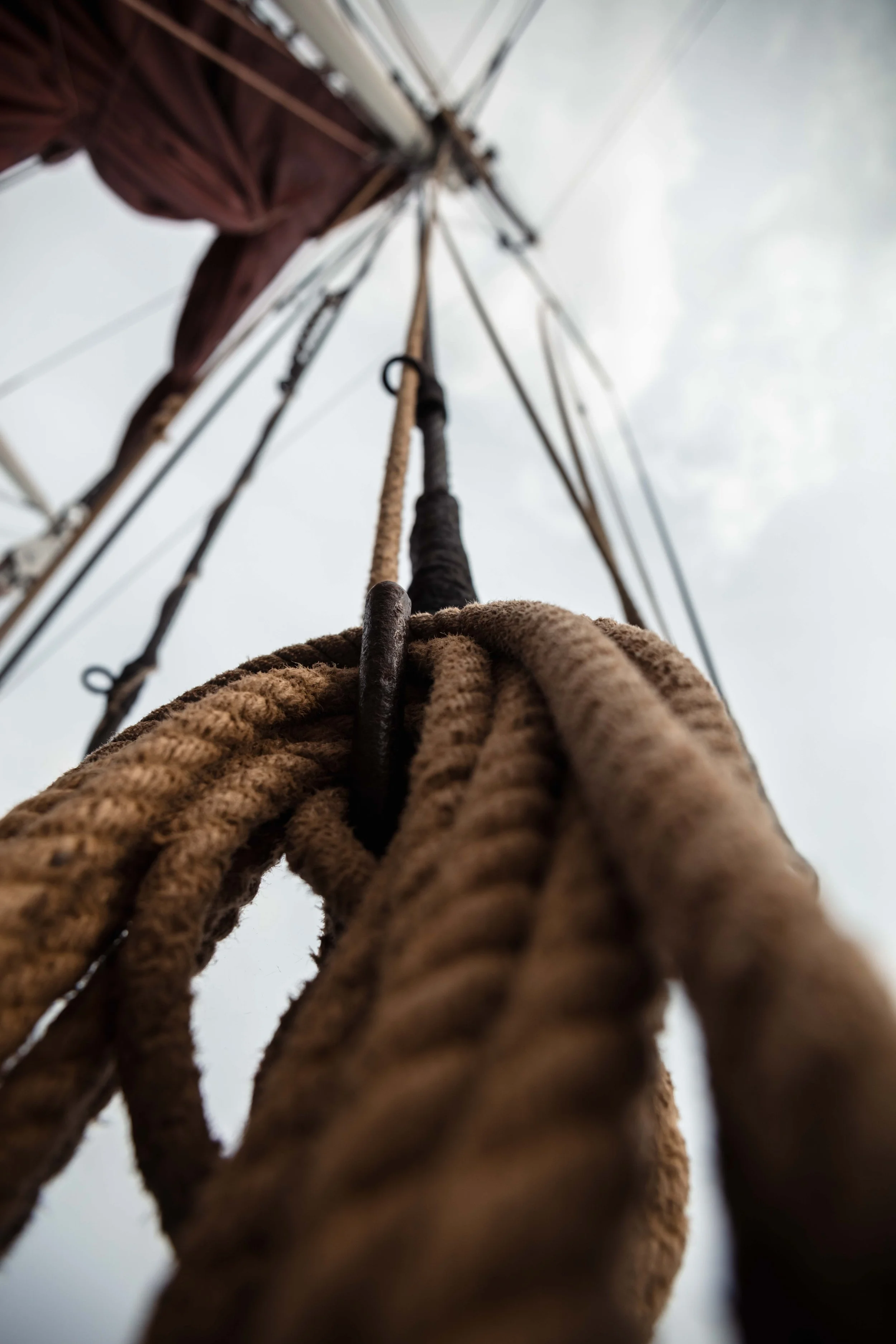 Looking up the rigging of a sailing ship at the sails and rigging from below against an overcast sky.