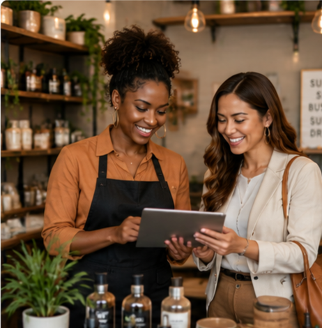 Two women smiling and looking at a tablet in a store or café environment, with shelves of products behind them.