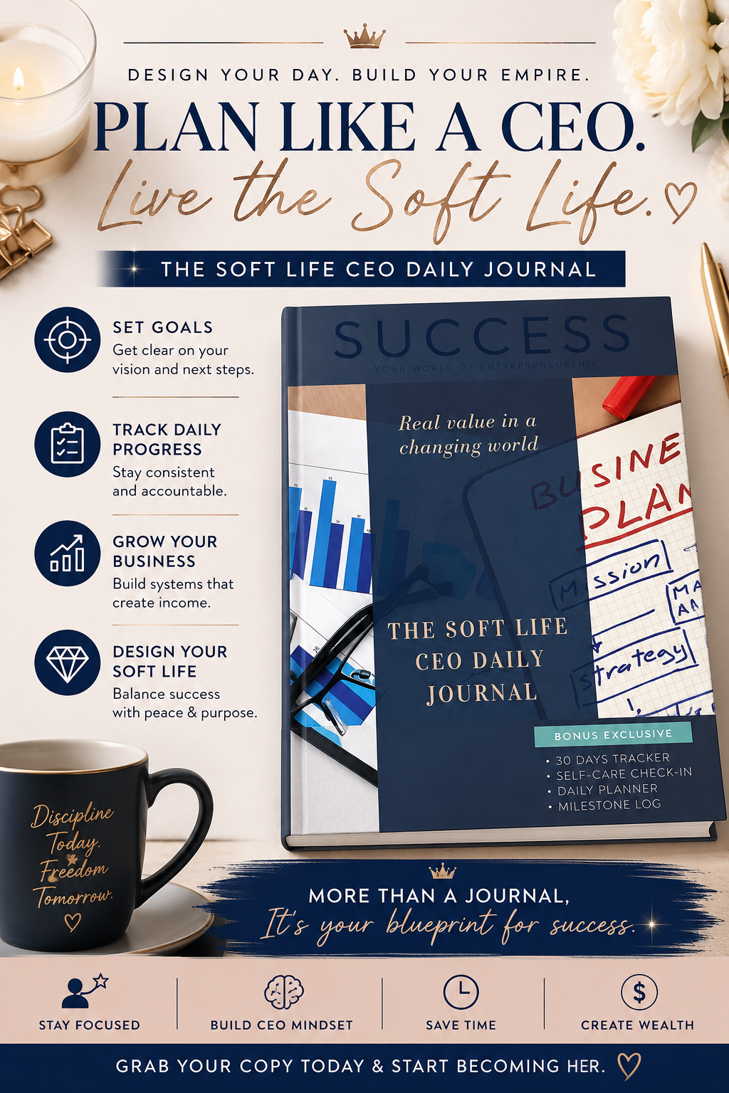 Advertisement for The Soft Life CEO Daily Journal, featuring a book, a coffee mug with motivational quote, and text emphasizing goal setting, tracking progress, business growth, and designing a balanced soft life.