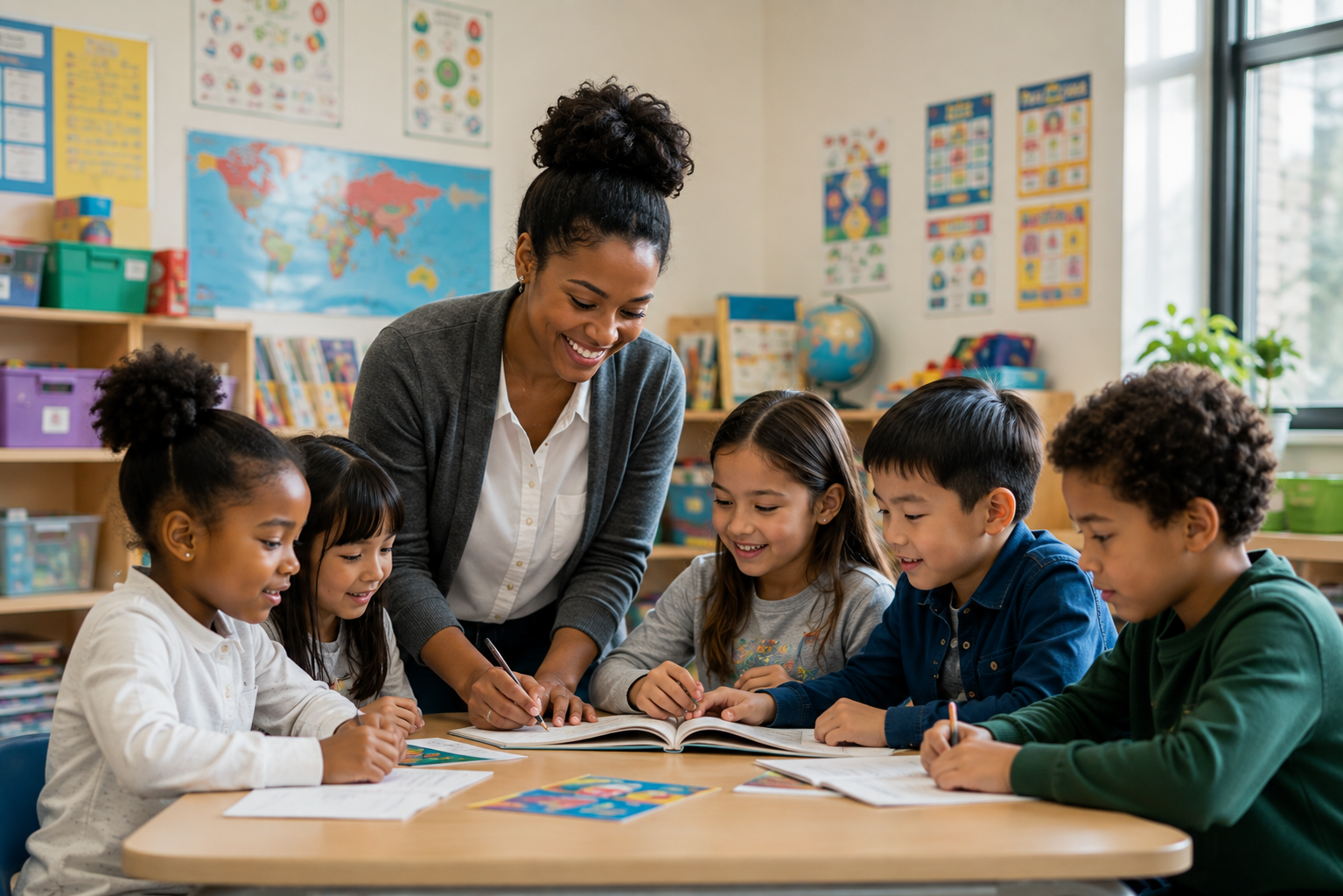 A teacher with curly hair smiling and helping students in a classroom with educational posters, a world map, and a window in the background.