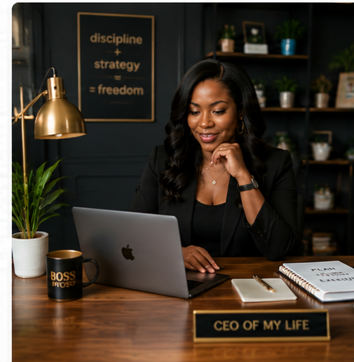 A woman working on a silver MacBook at a wooden desk in a home office, with a sign reading 'CEO OF MY LIFE' in front of her, and a black mug labeled 'BOSS' next to a white plant in a white pot.
