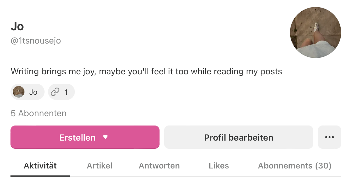 A social media Substack profile page of Jo and the display name and handle '@1tsnousejo'. The bio reads, 'Writing brings me joy, maybe you'll feel it too while reading my posts.'