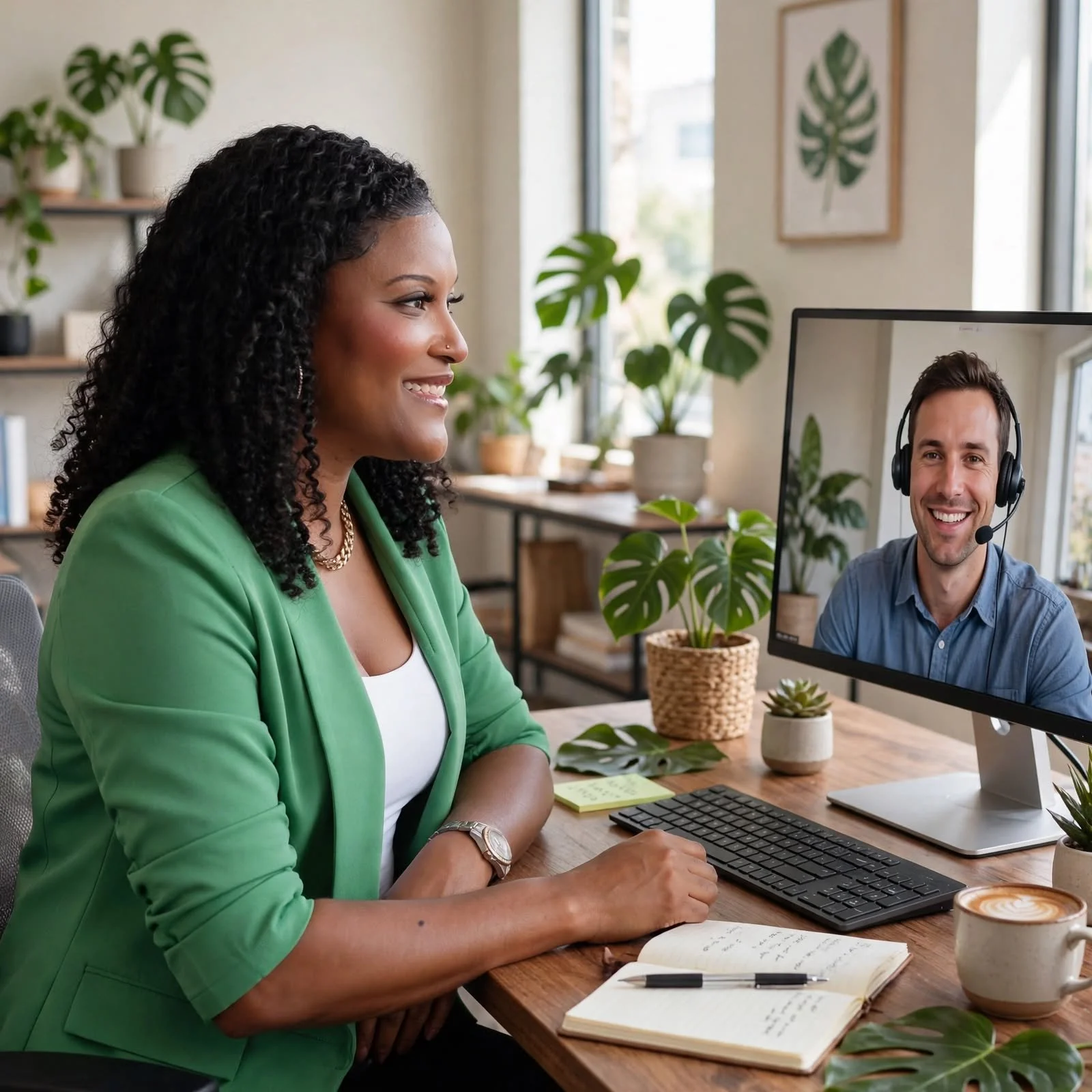 A woman with curly black hair, wearing a bright green blazer and white top, is sitting at a desk, smiling and looking at a computer monitor. On the computer screen, there is a man with short brown hair wearing a headset, also smiling. The desk has a keyboard, a notepad, a pen, a coffee mug, and several potted plants. The background features a bright office space with large windows and framed botanical artwork.