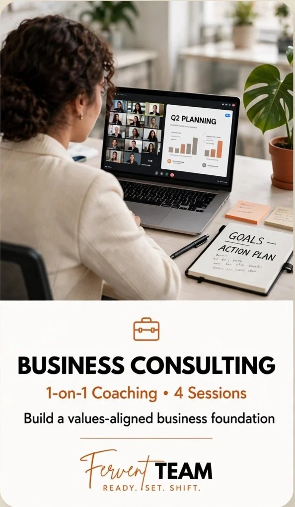 A woman participating in a virtual business consulting session, with a laptop displaying a presentation and a notepad with goals and action plan on her desk.