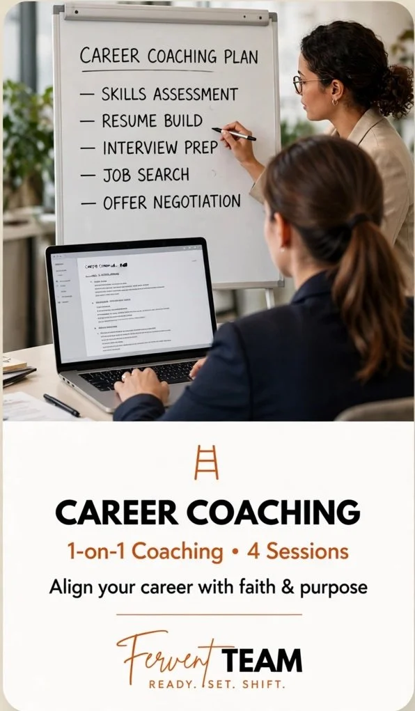 A woman writes on a whiteboard labeled 'Career Coaching Plan,' listing skills assessment, resume build, interview prep, job search, and offer negotiation. In front of her, a person looks at a laptop displaying a resume or CV, in an office setting.