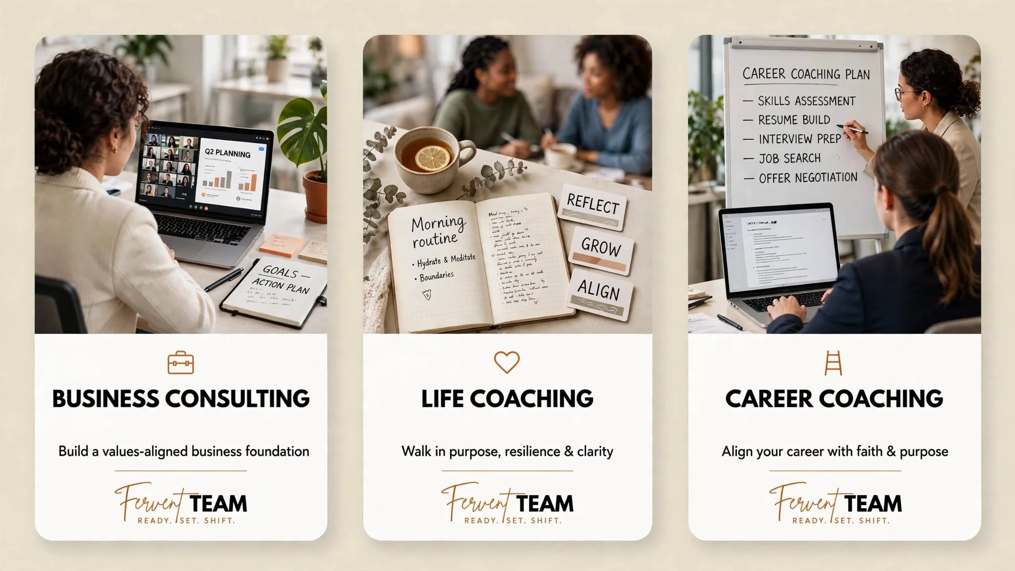 Three columns showcasing different coaching services: business consulting with a woman on a video call and notes on a notebook; life coaching with a cup of tea, notebook, and flashcards; career coaching with a woman writing on a whiteboard and working on a laptop.