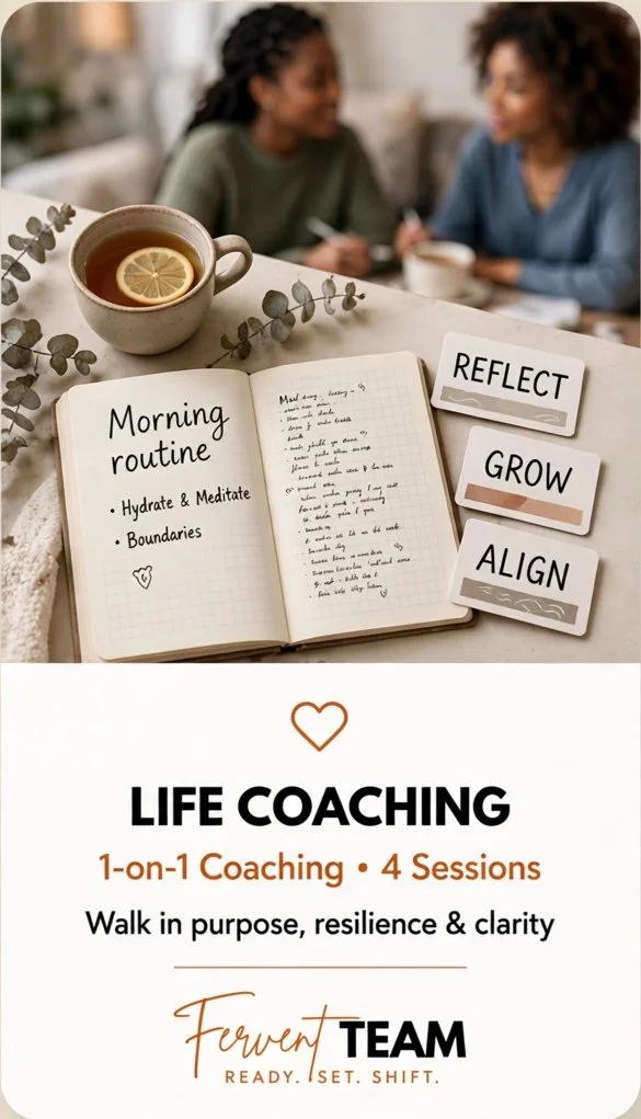 A table with a cup of tea with lemon, an open journal titled 'Morning routine' with tasks listed, and three cards labeled 'REFLECT,' 'GROW,' and 'ALIGN.' In the background, two women are sitting and talking.