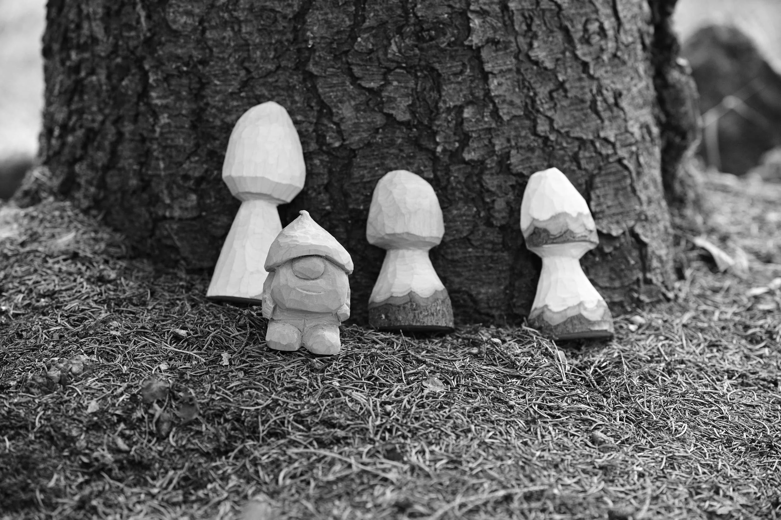 The last of last Christmas's carved figures, at home among the mushrooms.