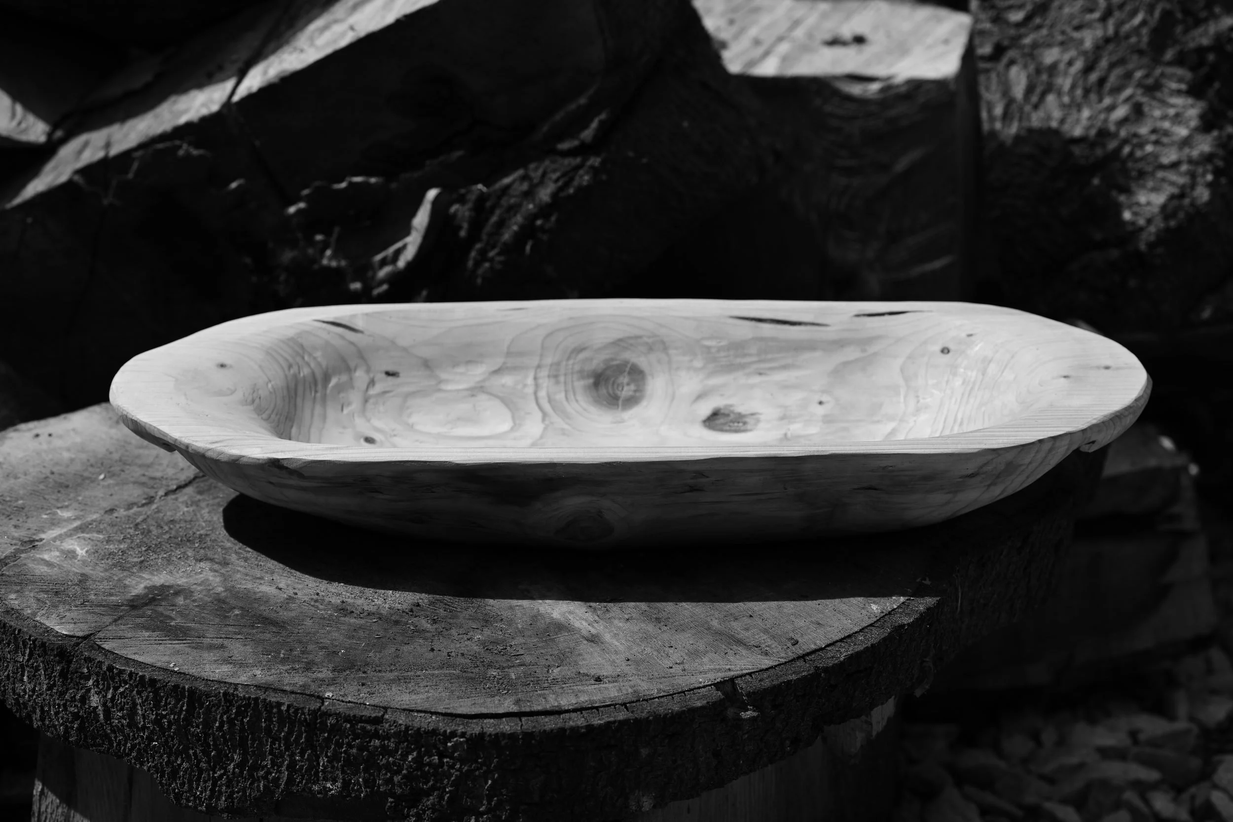 Long bowl in pine — a wood carvers are told to avoid. Dried hard in the solar kiln, finished in natural oils, and in daily use.