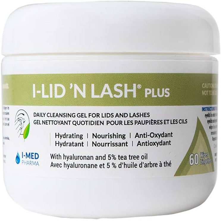 Container of I-LID'N LASH PLUS daily cleansing gel for lids and lashes with hyaluronan and tea tree oil, containing 60 wipes.