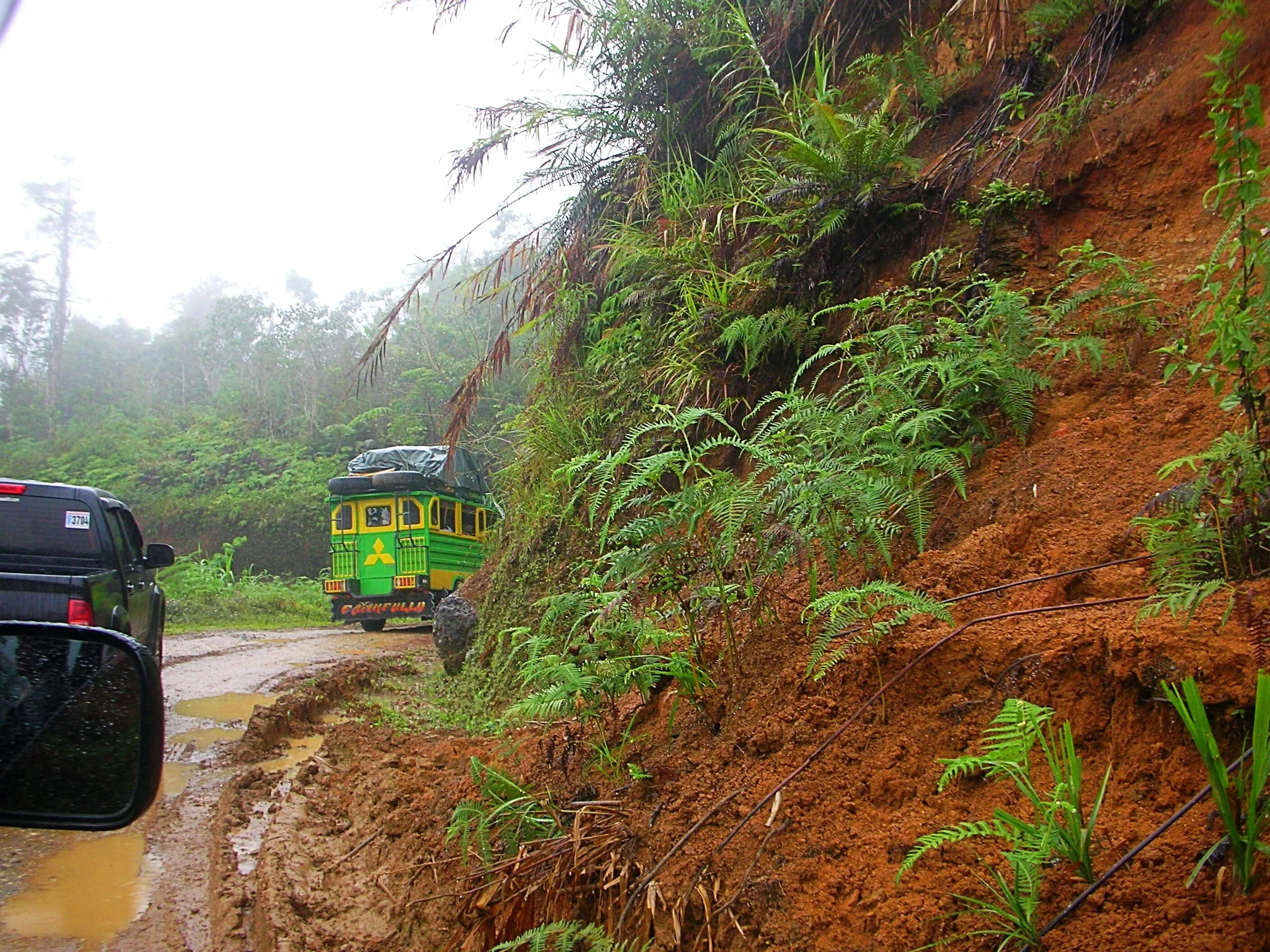 A muddy roadside area with a steep exposed soil slope overgrown with green plants and grass. A black vehicle with a trailer is parked nearby, and a colorful tourist train can be seen in the background.