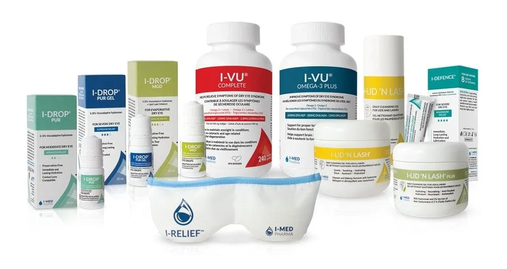Collection of eye care and allergy medication products including eye drops, eye gels, and pills.