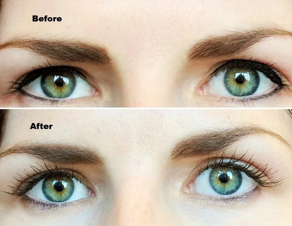 Comparison of eyes before and after eyelash extension application. The top image is labeled 'Before' and shows natural eyelashes, while the bottom image is labeled 'After' and shows longer, more curled eyelashes.
