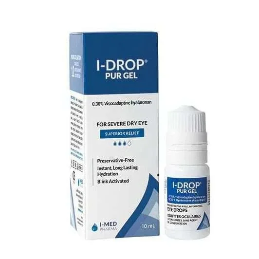 Box and bottle of I-Drop Pur Gel eye drops for severe dry eye, showing 0.30% viscoadaptive hyaluronan, preservative-free, 10 ml