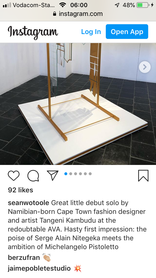 
Recensie van Sean O'Toole over eerste solotentoonstelling van Tangeni Kambudu, AVA Gallery