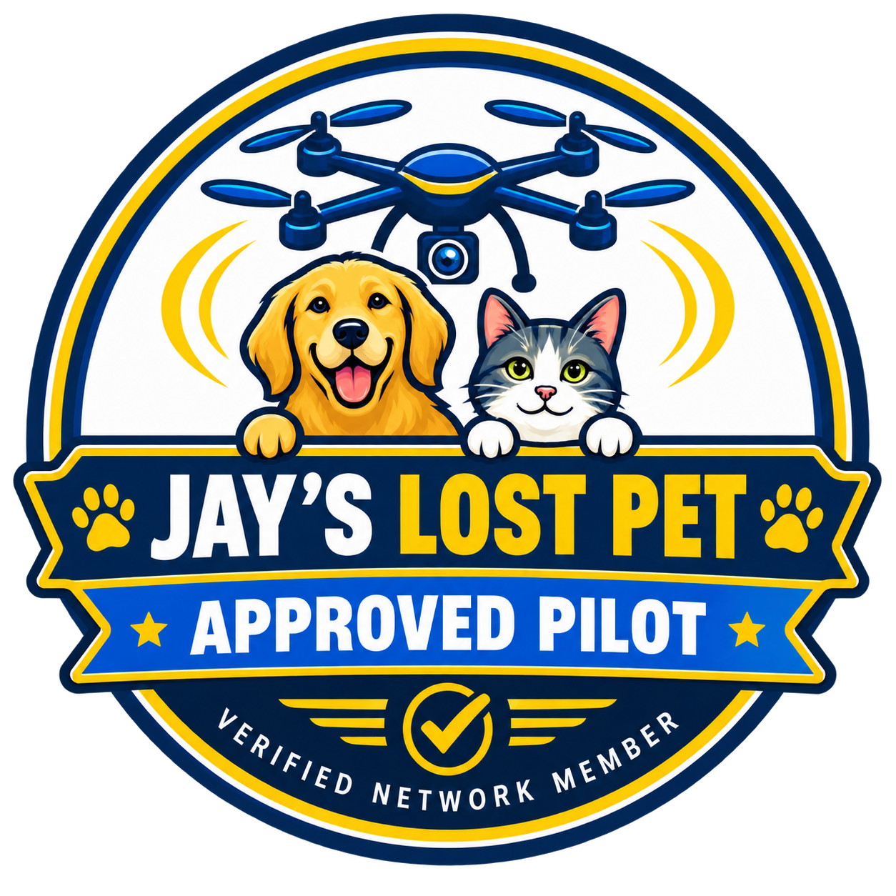 Badge for Jay's Lost Pet with a drone, a dog, and a cat, indicating approved pilot and verified network member.