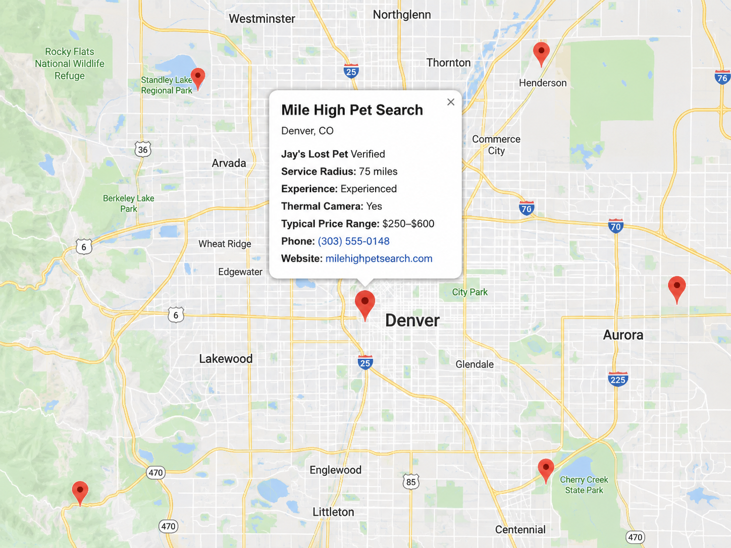 Map of Denver, Colorado with location markers of pet search service providers. An information box shows details about one provider, Mile High Pet Search, including contact info, experience level, and service radius.