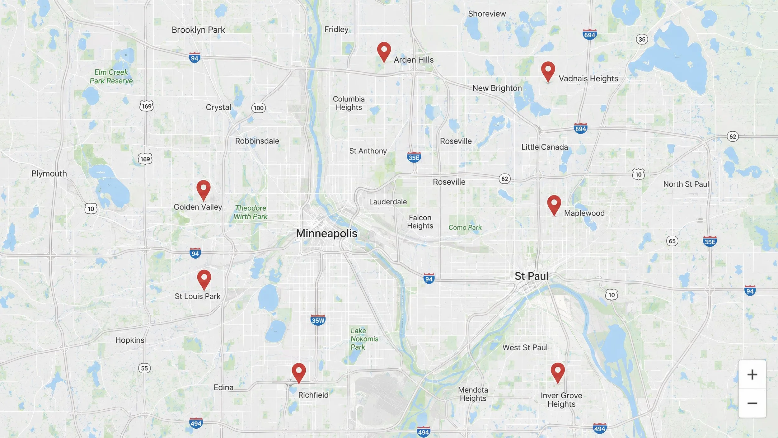 Map of the Minneapolis area with red location markers placed at Arden Hills, Vadnais Heights, Maplewood, and Edina.