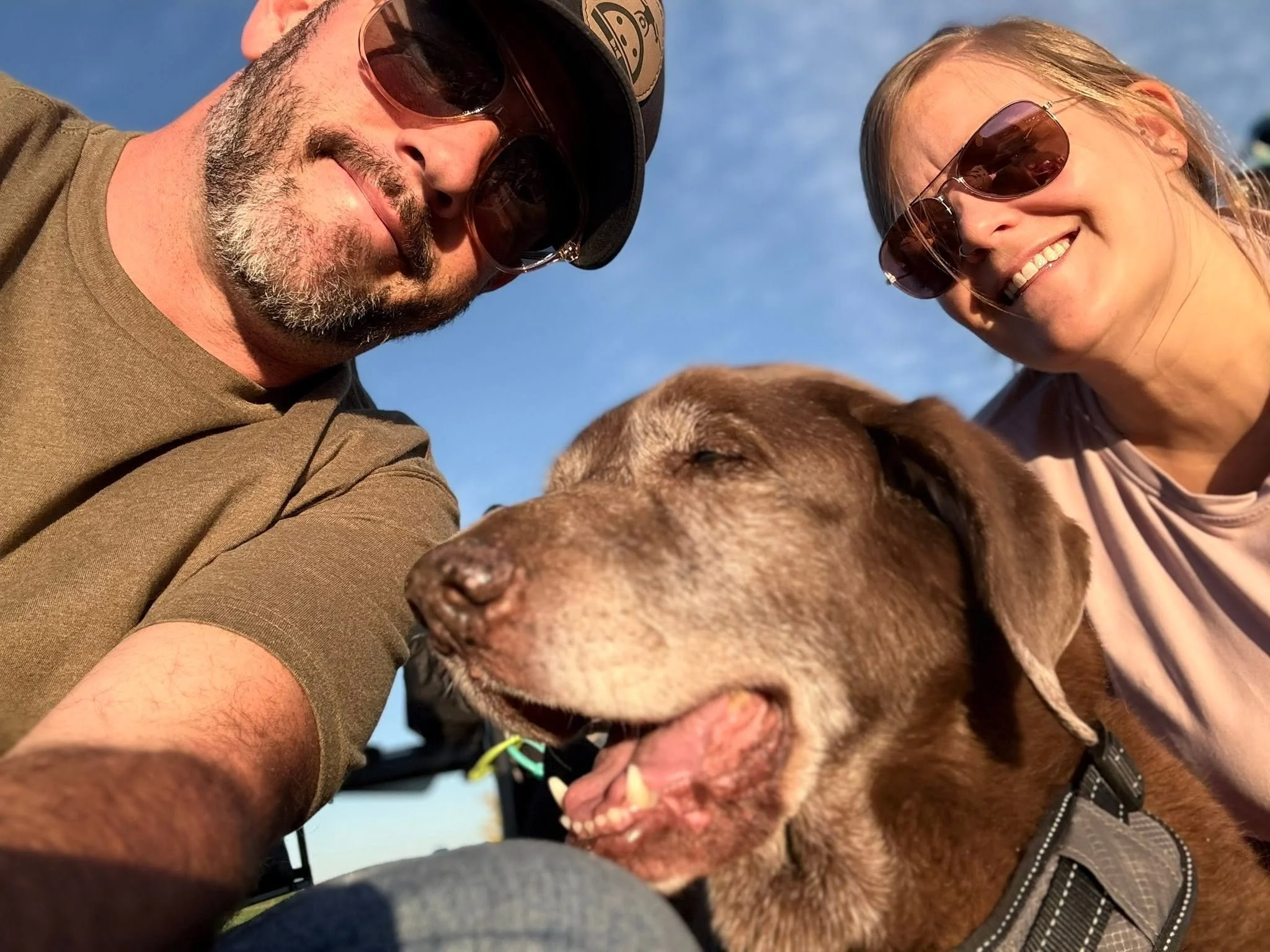 A man and woman smiling while taking a selfie with a brown dog. The man is wearing sunglasses and a baseball cap, and the woman is wearing sunglasses. The dog is close to the camera with its tongue out.
