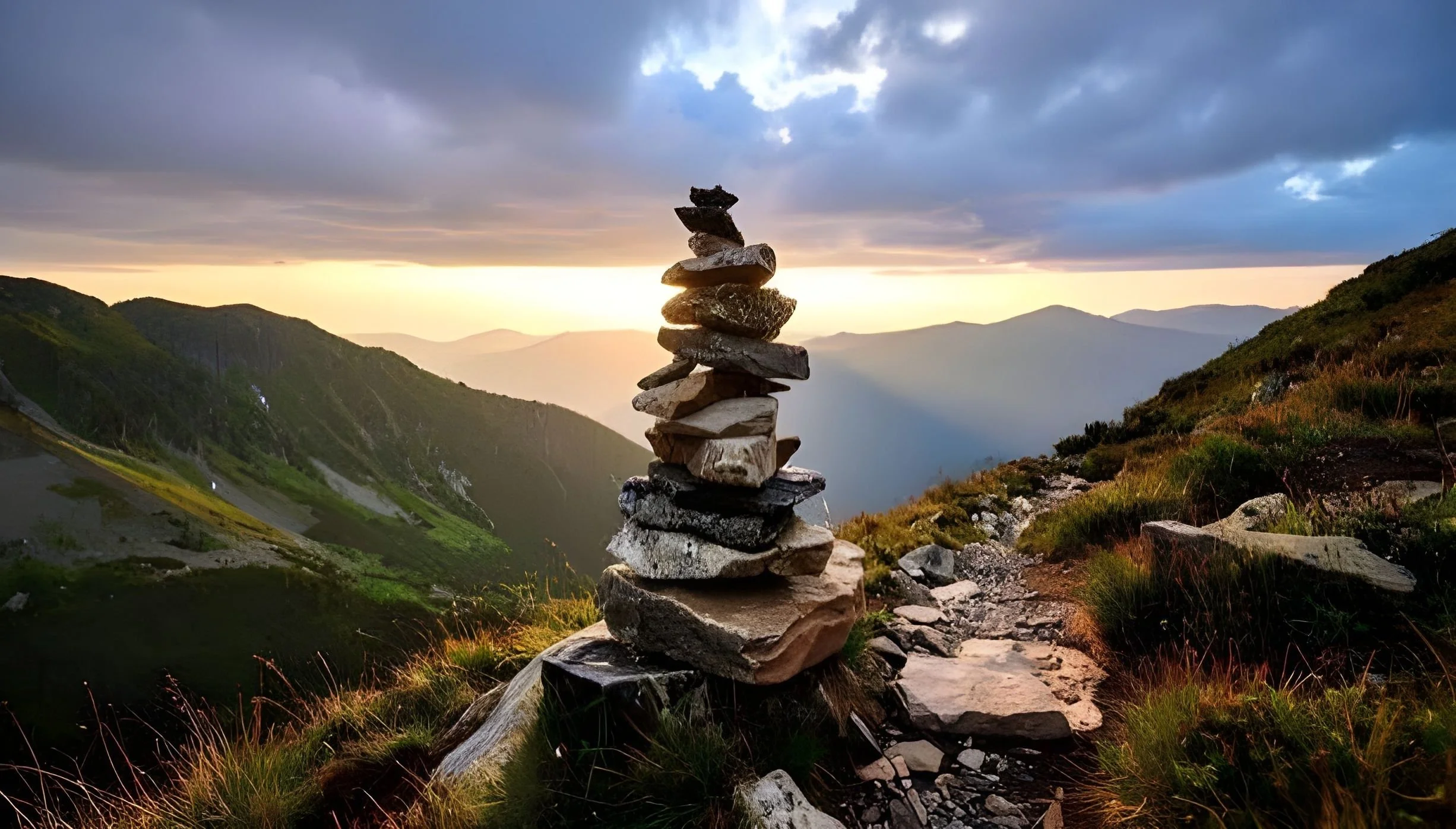 A stack of balanced stones on a mountain trail with misty mountains and a cloudy sky at sunset in the background.