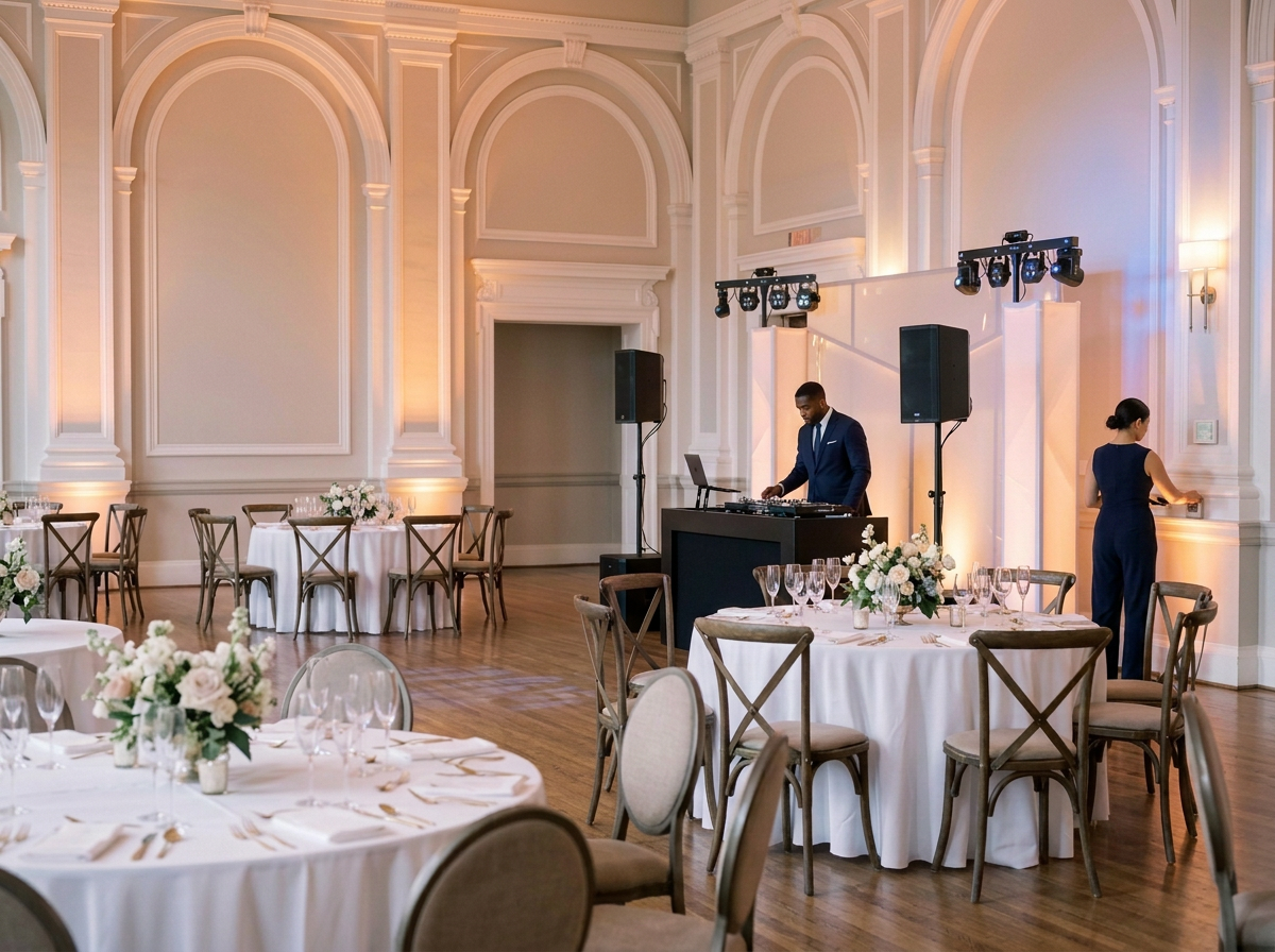 Elegant wedding ballroom decorated with white floral centerpieces, set tables with white tablecloths, glasses, and gold utensils, illuminated by soft warm lighting with a DJ playing music in the background.