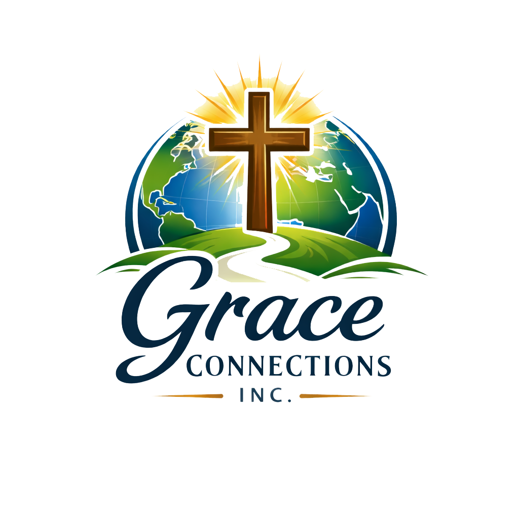 A logo for Grace Connections Inc. featuring a globe with a cross on top, rays of light emanating from the cross, and the text "Grace" and "Connections Inc." beneath.