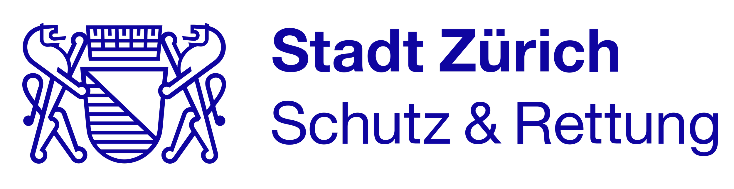 Das Logo des Stadts Zürich Schutz & Rettung, zeigt eine stilisierte Figur mit einem Schutzschild, umgeben von zwei Menschen, die das Schild halten, mit blauer Schrift auf schwarzem Hintergrund.