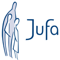 Logo des Unternehmens Jufa mit einem stilisierten Menschen und einem aufragenden Berg im Hintergrund.