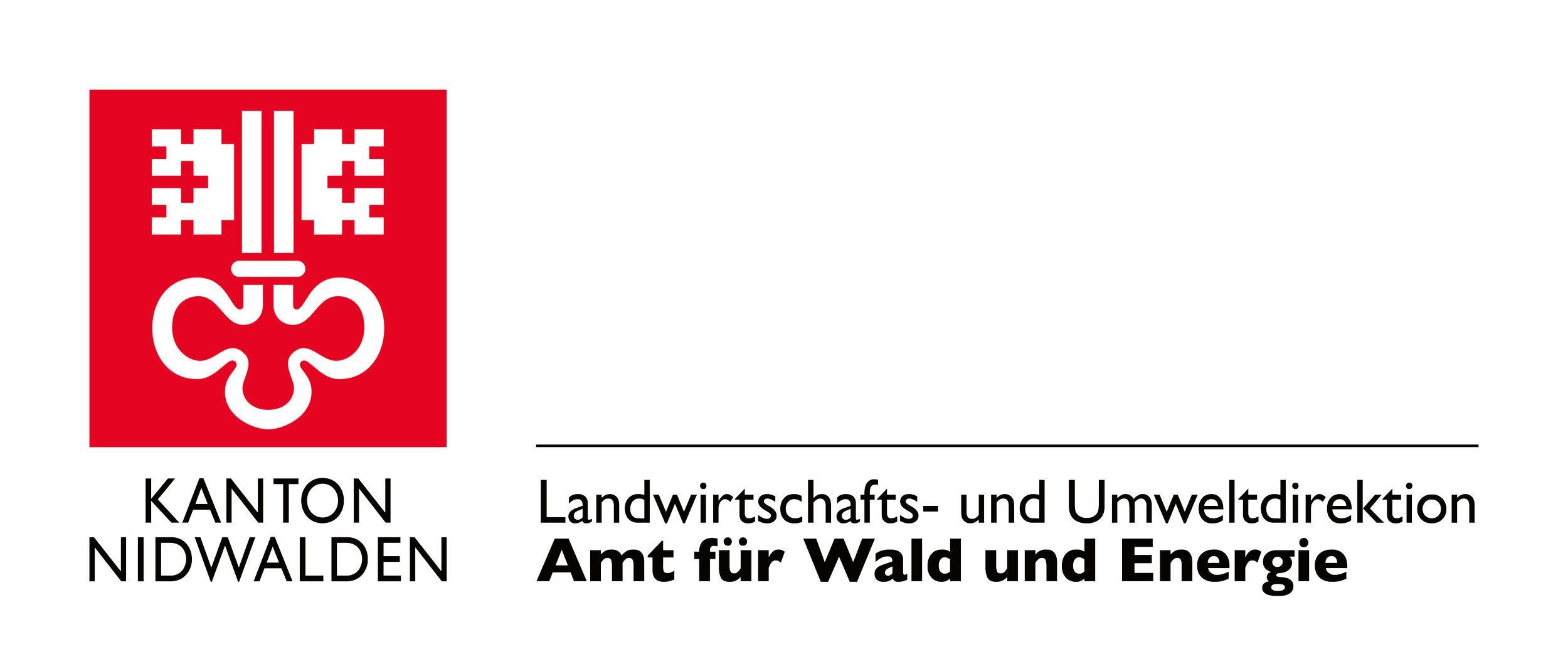 Logo des Kantons Nidwalden mit einem roten Quadrat und einer weißen stilisierten Glocke, begleitet von Texten: "KANTON NIDWALDEN Landwirtschafs- und Umweltedirektion Amt für Wald und Energie".