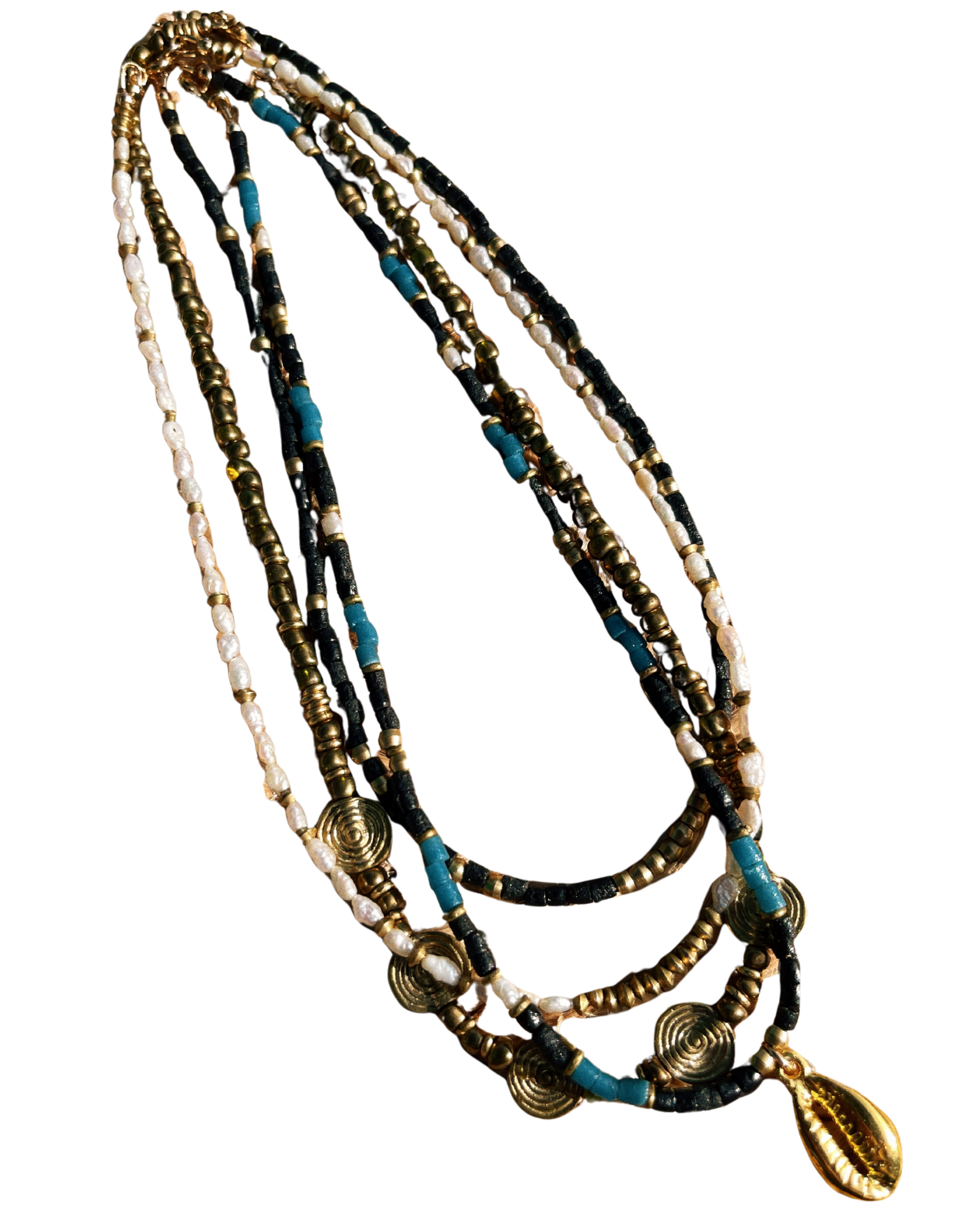Four handmade beaded necklaces from Tempered Earth Offering No. 1, featuring turquoise, black, white, brass, pearl, and shell elements.