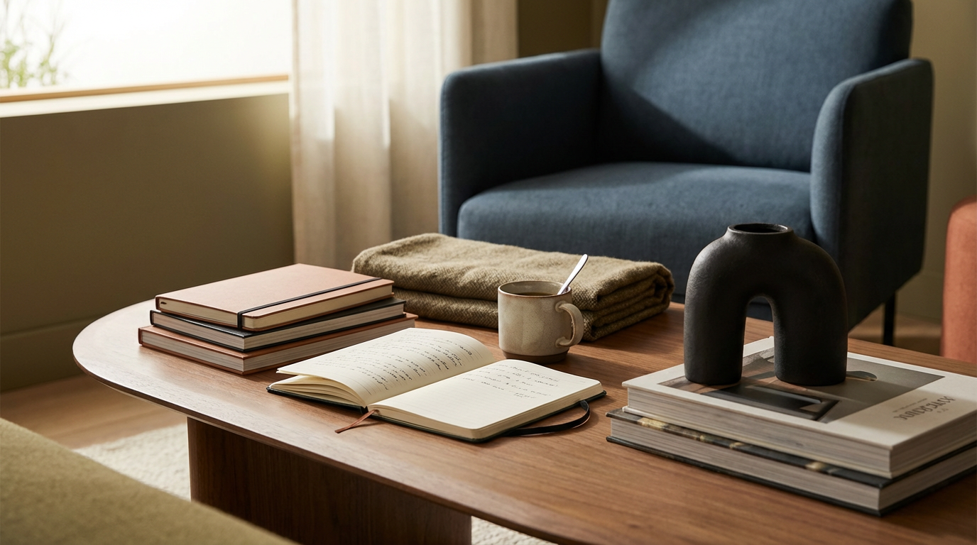 A wooden coffee table with stacked books, an open journal, a ceramic mug with a spoon, a folded blanket, and a black decorative sculpture in a cozy living room with a blue armchair and sheer curtains.