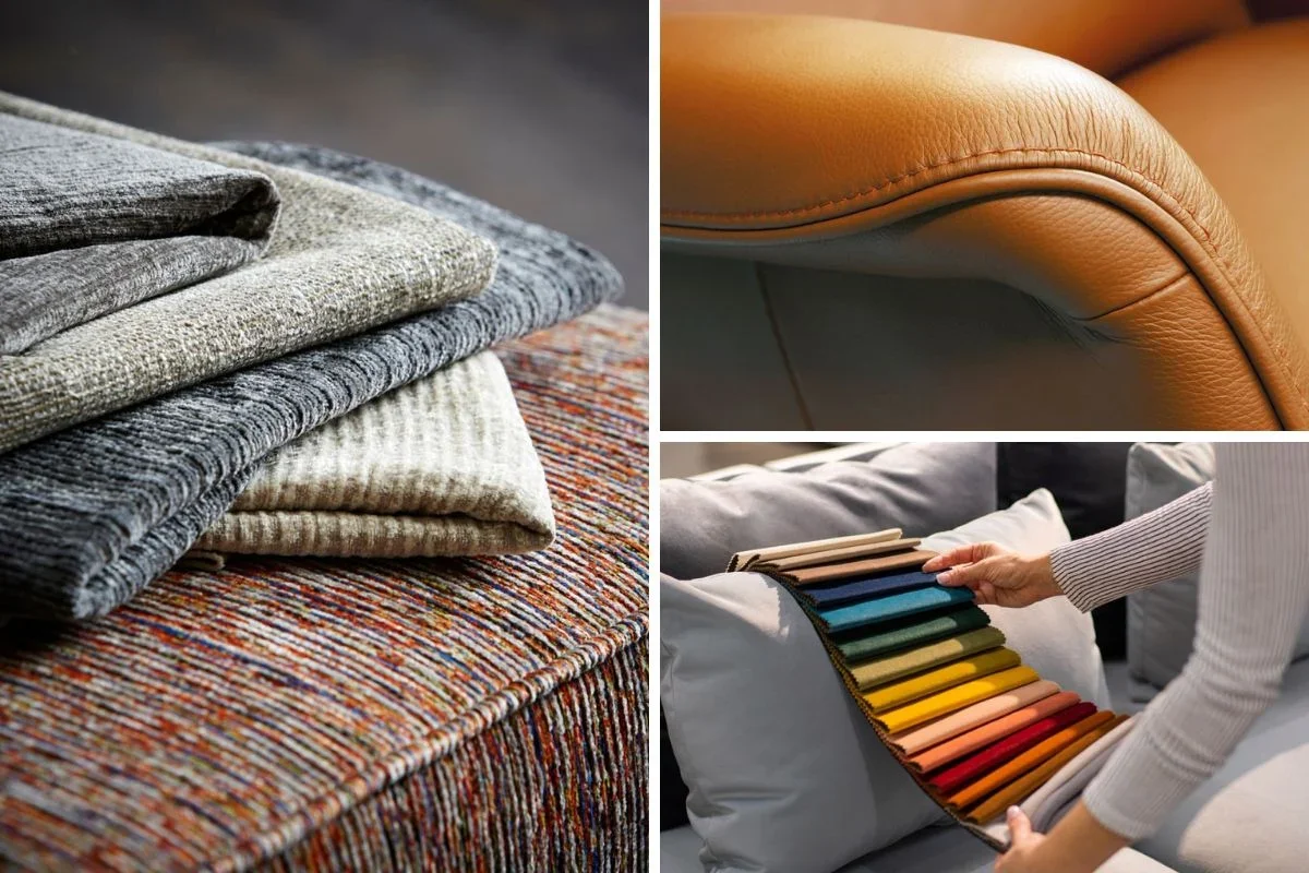 A collage of fabric and furniture samples: folded rugs and carpets, a close-up of an orange leather armrest, and a person handling fabric swatches from a pillow.