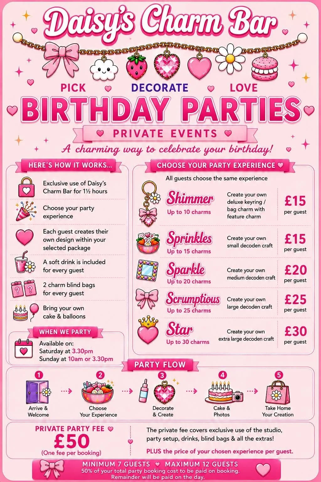 Pink promotional flyer for Daisy's Charm Bar party planning service, advertising private birthday parties with options for themed decorations, experience choices, and pricing.