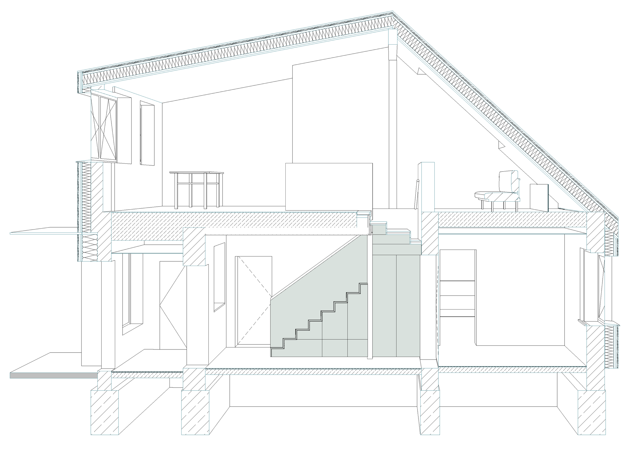 Perspektivischer Schnitt mit raumbildender Treppe von Haus B im Spreewald, geplant von d'ns Studio